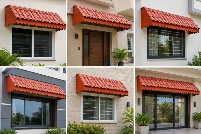 Red tile FRP chajjas over windows and doors